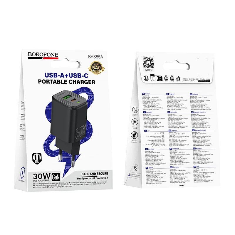Мережевий зарядний пристрій BOROFONE BAS85A Star PD30W+QC3.0 charger (EU) Black