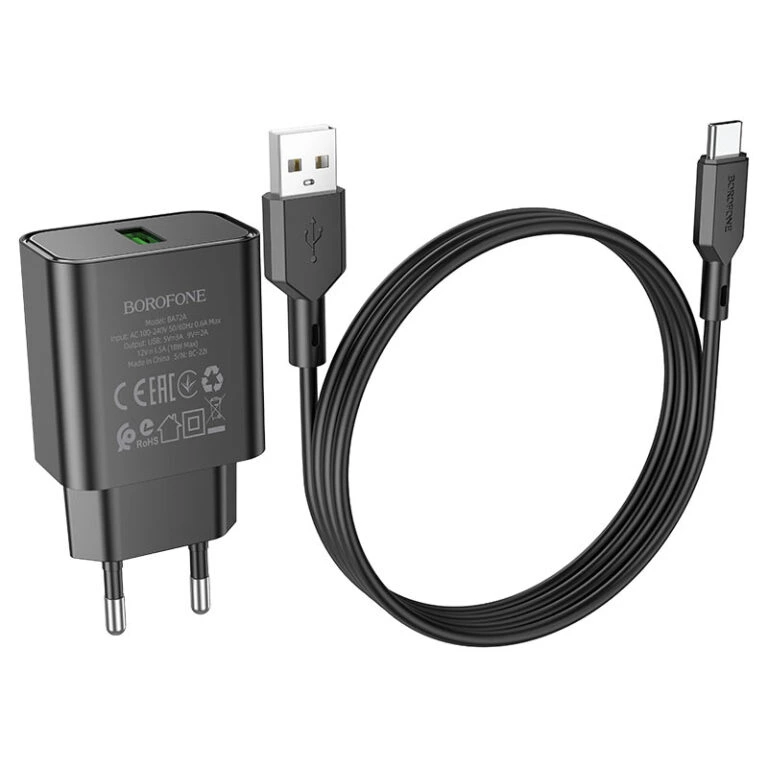 Мережевий зарядний пристрій з кабелем BOROFONE BA72A Spring single port QC3.0 charger set(Type-C) 18W Black
