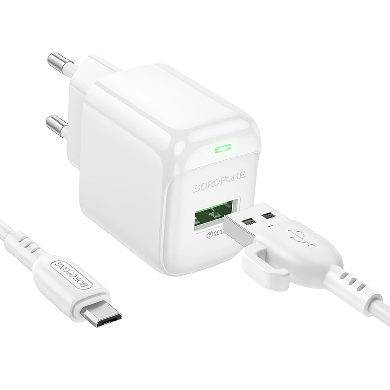 Мережевий зарядний пристрій з кабелем BOROFONE BAS42A Potential single-port QC3.0 charger set(Micro)(EU) White