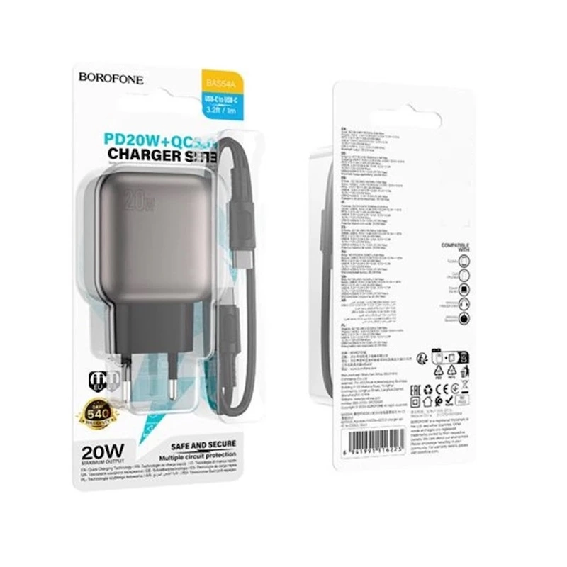 Мережевий зарядний пристрій з кабелем BOROFONE BAS54A Absolute PD20W+QC3.0 charger set (C to iP) (EU) Black