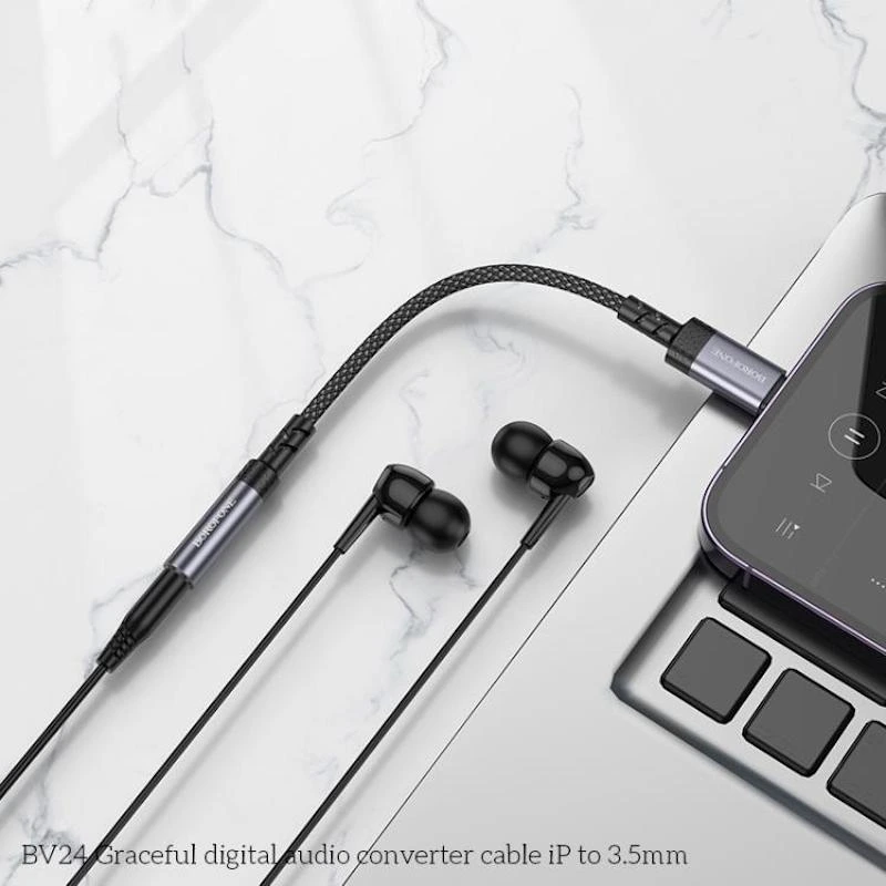 Перехідник BOROFONE BV24 Graceful digital audio converter cable iP to 3.5mm Metal Grey — фото 7