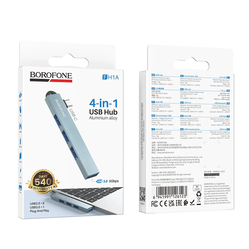USB-хаб BOROFONE FH1A 4-in-1 converter(Type-C to USB2.0*3+USB3.0) Metal Gray