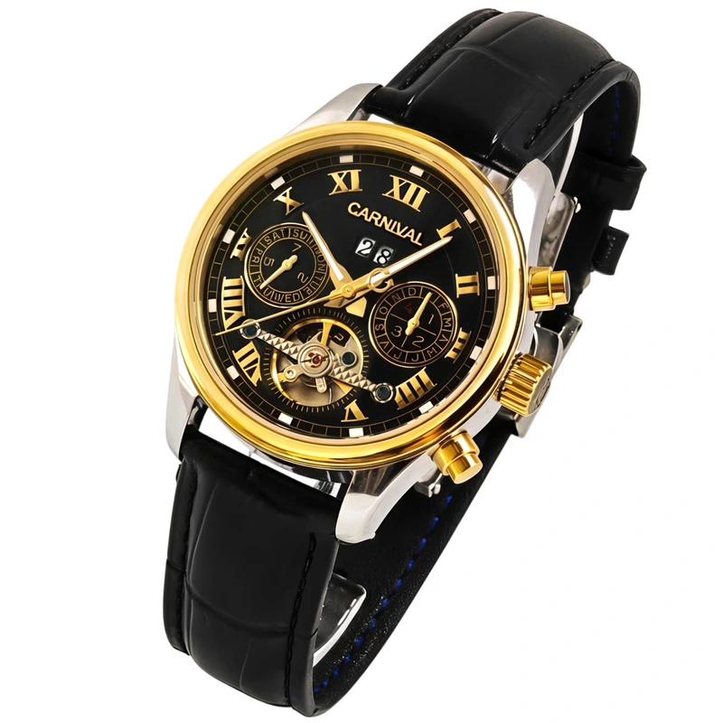 Чоловічий механічний годинник Carnival Sappfire Silver Leather Deluxe, 2 ремінці