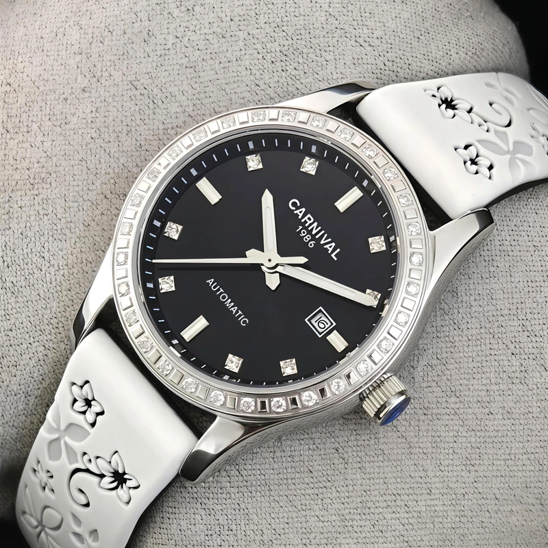 Жіночий механічний годинник Carnival Luiza Black Flower, 2 ремінці
