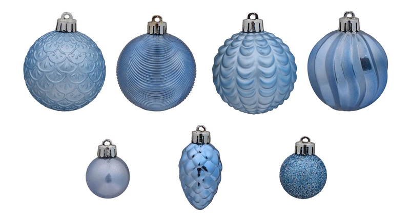 Ялинкові пластикові кульки рельєфні і шишки комплект 36 шт, Ø 3,4,6 см, мікс блакитні