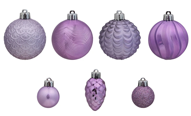 Ялинкові пластикові кульки рельєфні і шишки комплект 36 шт, Ø 3,4,6 см, мікс бузкові