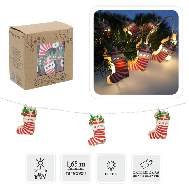 Гірлянда світлодіодна "Шкарпетка новорічна" Chomik, 1,65 м, 10 LED теплий білий
