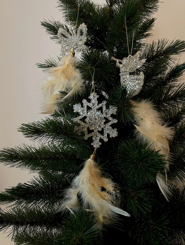 Прикраса-підвіска "Янгол, бант, сніжинка" Chomik з пір'ям, комплект 3 шт, 22 см, шампань