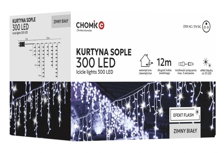 Гірлянда електрична Chomik "Бахрома", 300 LED,  12м, холодний білий, від мережі