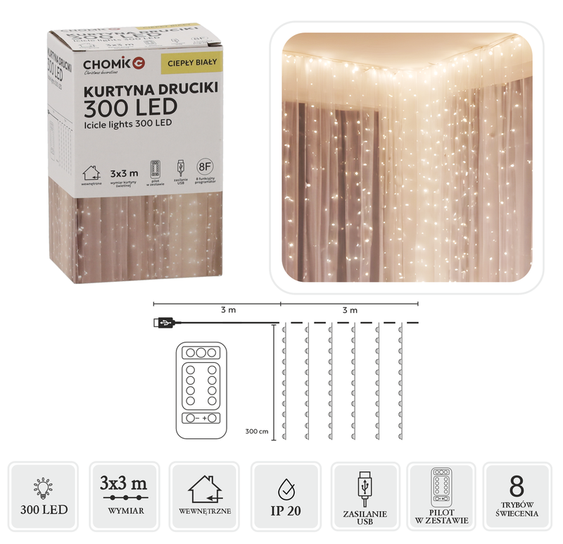 Гірлянда-штора Chomik, 3х3 м, 300 LED теплий білий, USB з пультом