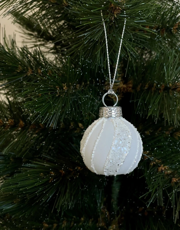 Ялинкові скляні кульки "Chomik" комплект 6 шт, Ø 4 см, білі з блискітками