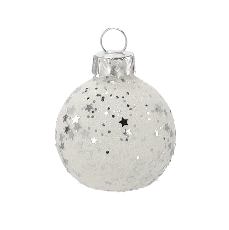 Ялинкові скляні кульки "Chomik" комплект 6 шт, Ø 4 см, білі з паєтками