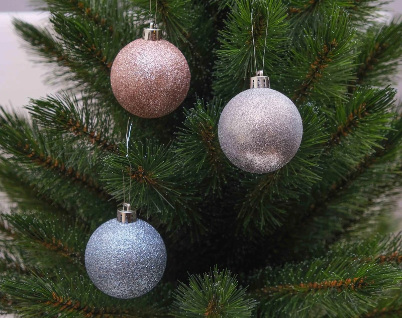 Ялинкові пластикові кульки Chomik комплект 6 шт, Ø 6 см, блакитний, рожевий, сріблястий