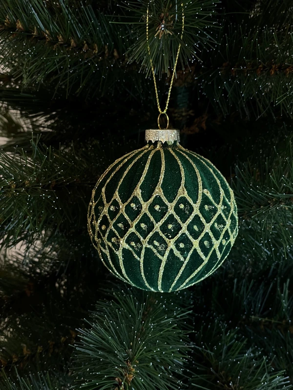 Ялинкова скляна кулька велюр "Chomik" Ø 8 см, зелена ромби орнамент