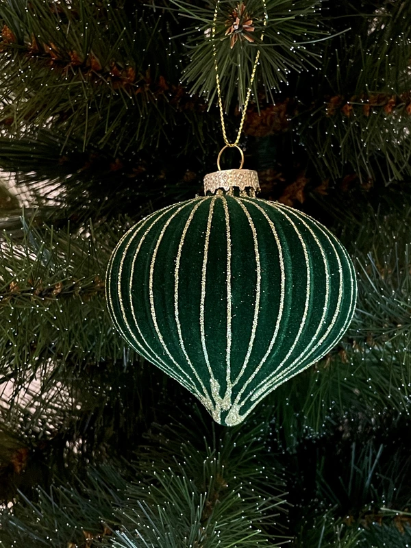 Ялинкова скляна кулька велюр "Дзига" Chomik Ø 8 см, зелена смугаста