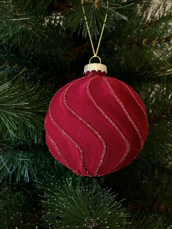Ялинкова скляна кулька велюр "Chomik" Ø 8 см, червона хвиляста