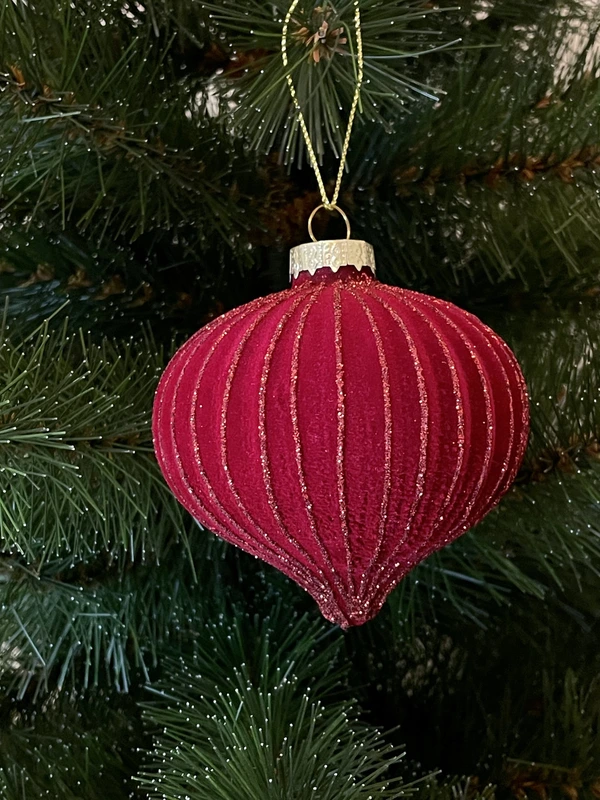 Ялинкова скляна кулька велюр "Дзига" Chomik Ø 8 см, червона смугаста