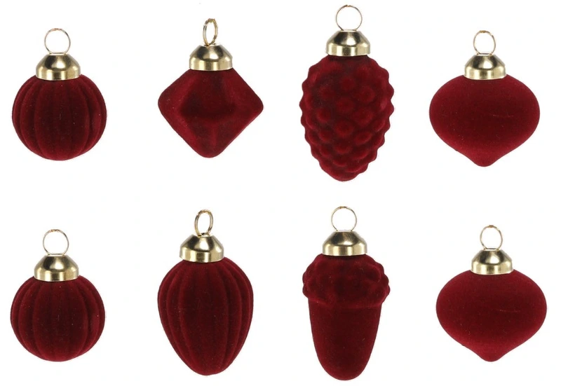 Ялинкові скляні прикраси Chomik комплект 8 шт, велюр покриття, бургунді