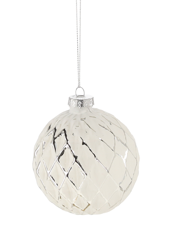 Ялинкова скляна кулька "Chomik" Ø 8 см, рельєф ромбічний, біло-срібляста