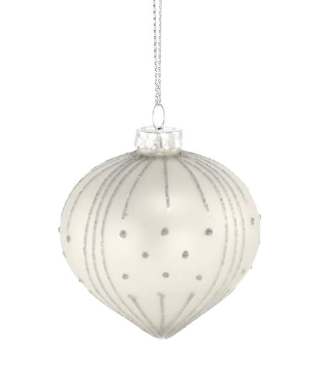 Ялинкова скляна прикраса "Дзига" Chomik Ø 8 см, біла, сріблястий візерунок