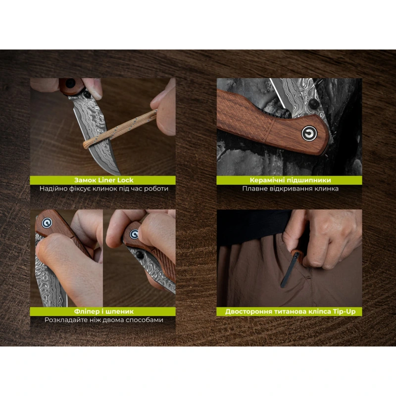 Ніж складаний кишеньковий Civivi Clingman (7.6 см) Damascus / Guibourtia Wood дерево — фото 14