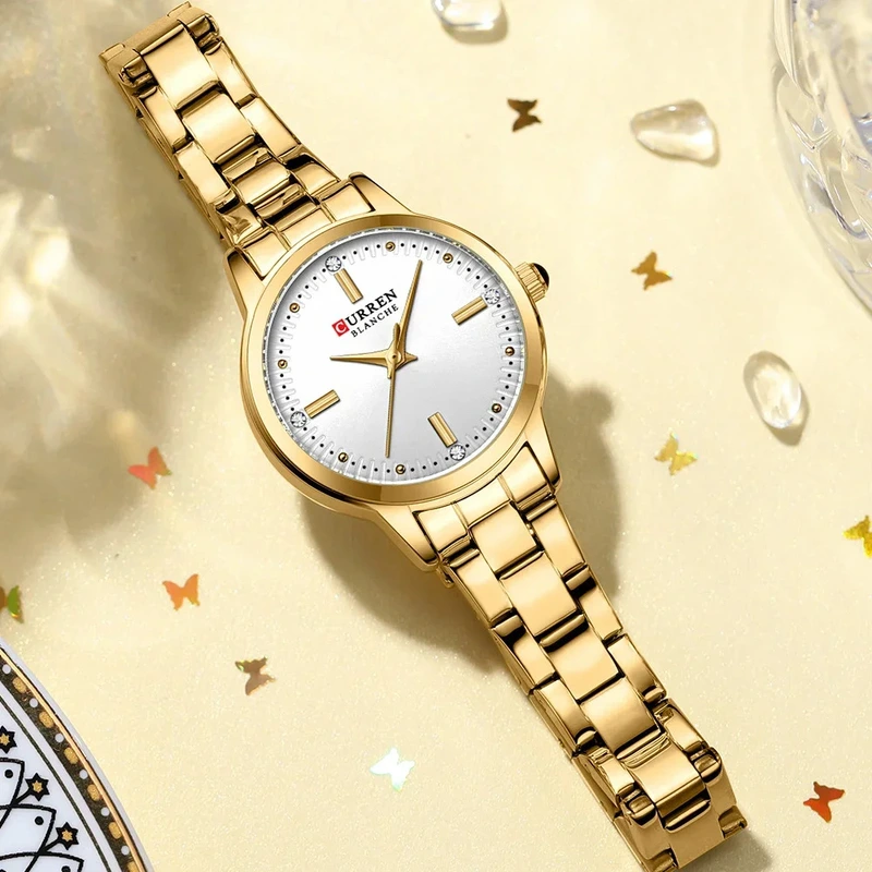 Жіночий годинник Curren 9094 Gold-White з золотистим браслетом та мінеральним склом
