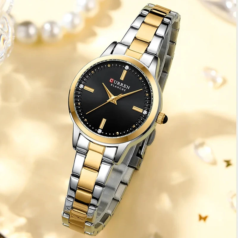 Жіночий годинник Curren 9094 Silver-Gold-Black з мінеральним склом та сталевим браслетом