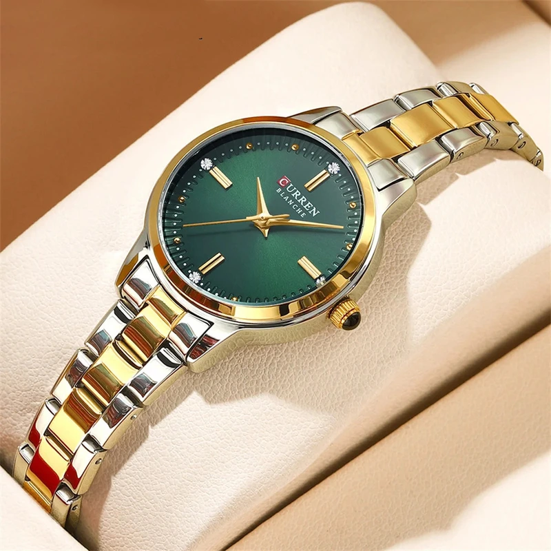Жіночий класичний годинник Curren 9094 Silver-Gold-Green з мінеральним склом та сталевим браслетом