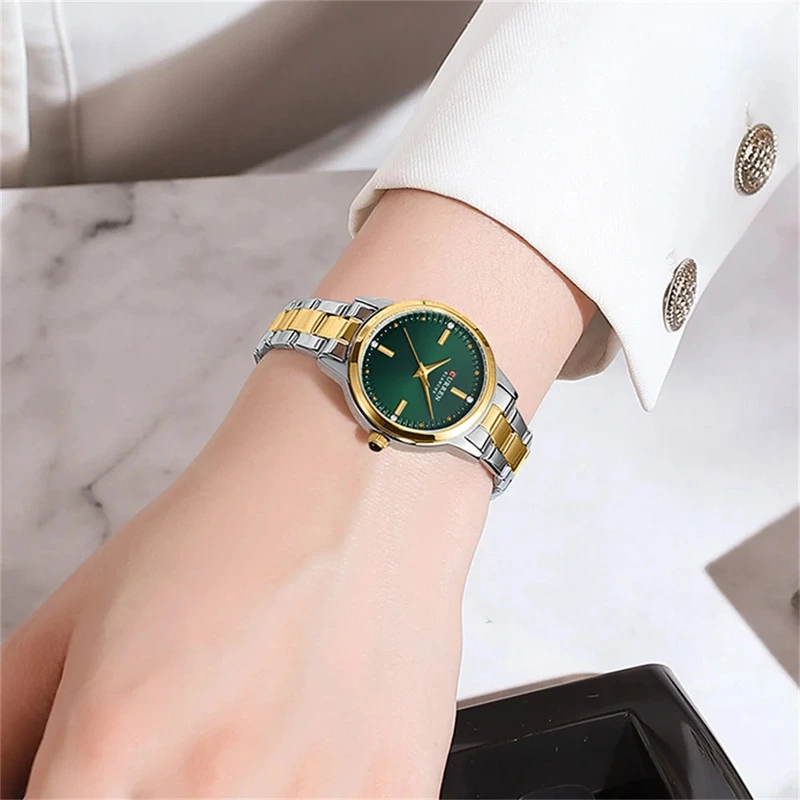 Жіночий класичний годинник Curren 9094 Silver-Gold-Green з мінеральним склом та сталевим браслетом — фото 3