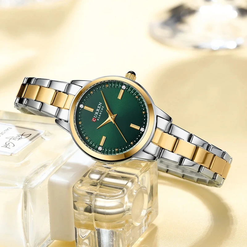 Жіночий класичний годинник Curren 9094 Silver-Gold-Green з мінеральним склом та сталевим браслетом — фото 4