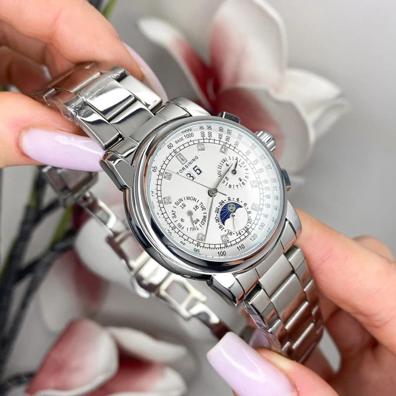 Жіночий механічний годинник Forsining 6918 Silver-White з автопідзаводом та сталевим браслетом