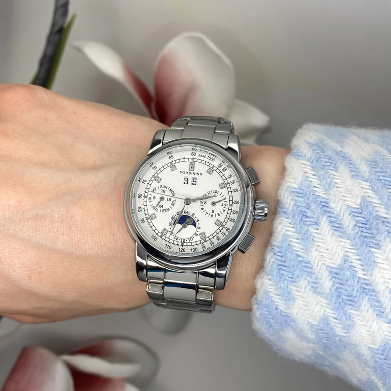 Жіночий механічний годинник Forsining 6918 Silver-White з автопідзаводом та сталевим браслетом — фото 4