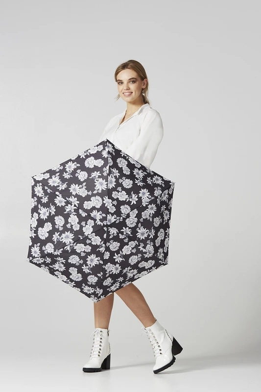 Парасолька жіноча Fulton L340 Miniflat-2 Black and White Floral (Чорно-білі квіти)