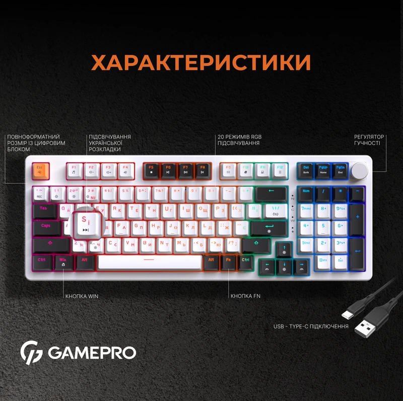 Дротова механічна клавіатура GamePro MK170W (Red) з Hot-Swap RGB White