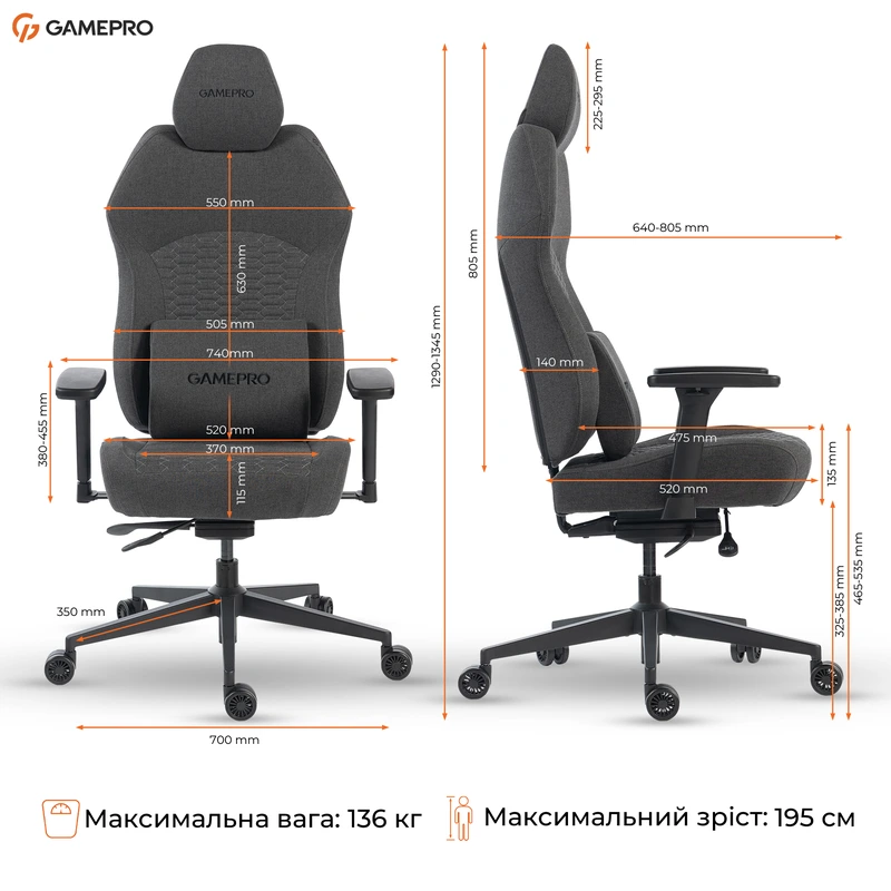 Крісло ігрове GamePro GC760DG Fabric Dark Gray — фото 19