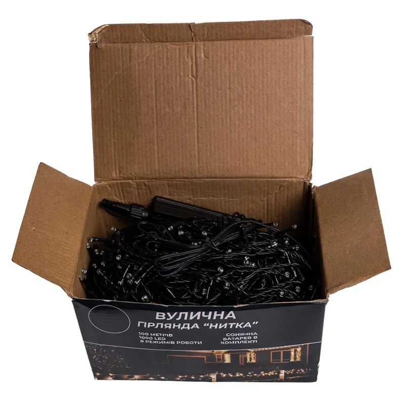 Новорічна гірлянда вулична 100 м 1000 LED із сонячною батареєю 8 режимів роботи чорний провід Біле світло SB1000L100MBW