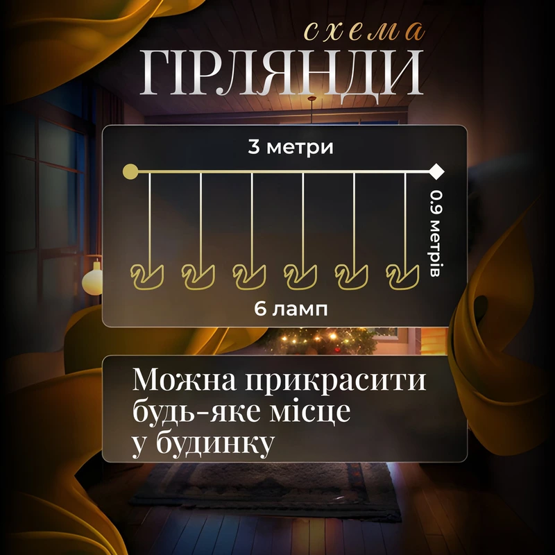 Гірлянда штора з фігурками Сваровскі 3 метри 6 ламп тепле жовте світло 6L3MSWA