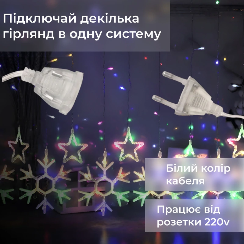 Гірлянда штора 3х0,9 м сніжинка зірка на 145 LED лампочок світлодіодна 10 шт 1733065ML