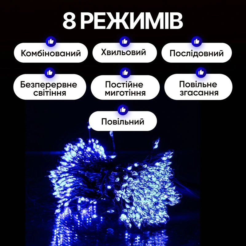 Гірлянда Кінський хвіст Мішура 1200 LED 20 ниток 2 м зелена, синій GarlandoPro D1200L2MGBL — фото 4