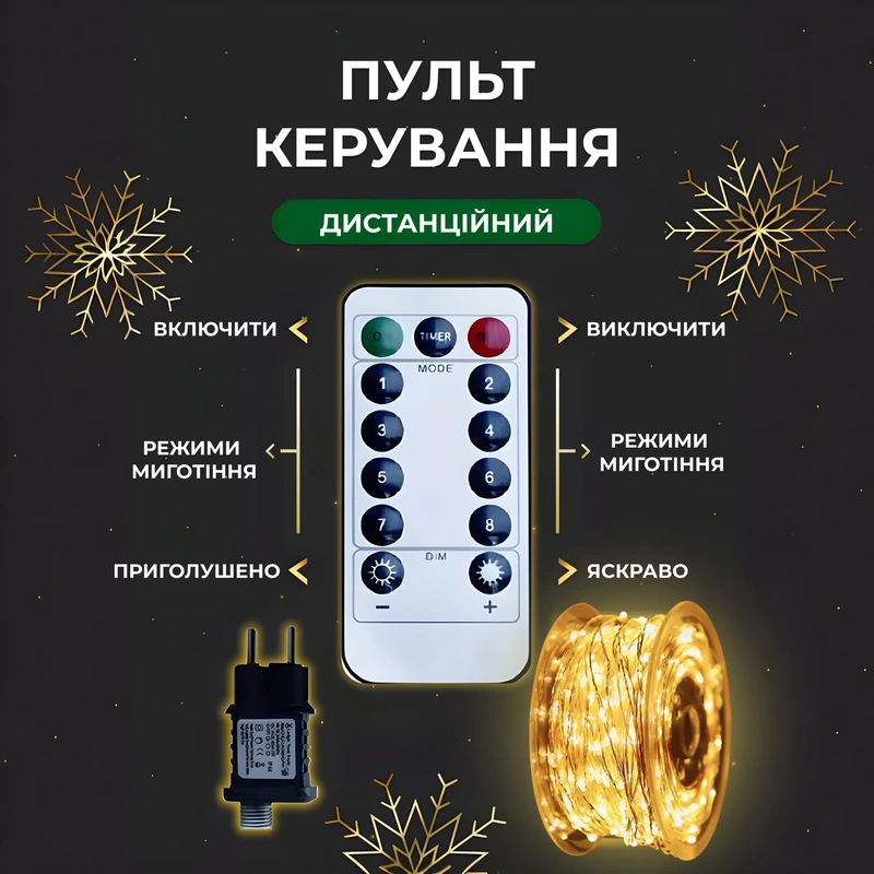 Гірлянда роса на пульті 100 метрів на 1000 світлодіодів крапля білий провід жовтий 1000L100MWY — фото 5