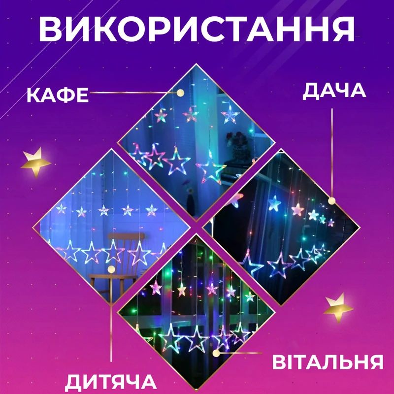 Гірлянда штора 3х0,7 м Зірки на 108 LED лампочок світлодіодна 6 великих та 6 маленьких зірок 9В 8 режимів 1733053ML