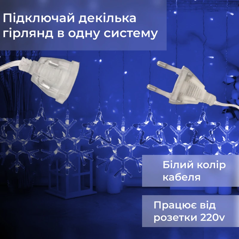 Гірлянда штора 3х0,9 м сніжинка зірка на 145 LED лампочок світлодіодна 10 шт Синій 1733066BL