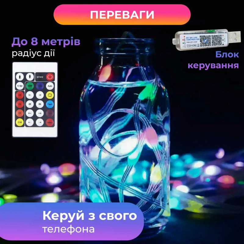 Розумна гірлянда Smart 200 LED довжина 2 м з керуванням зі смартфона прозора, мультиколор 1733042W