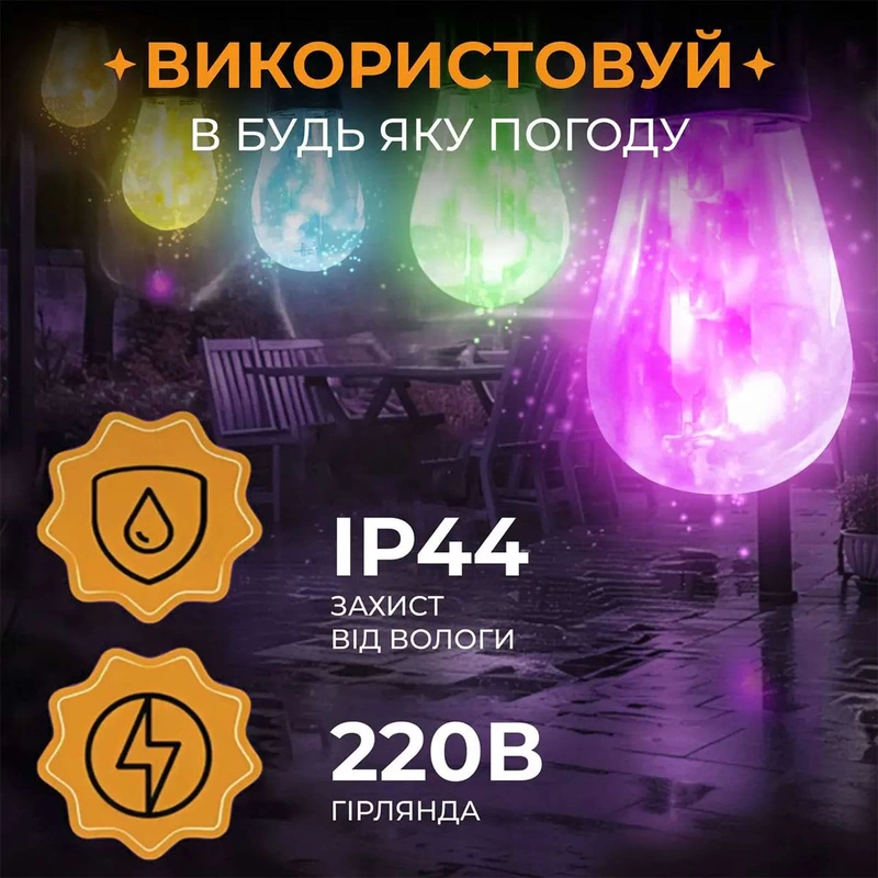 Гірлянда вулична у стилі ретро світлодіодна мультиколор S14 на 10 LED ламп завдовжки 5 метрів S14ML