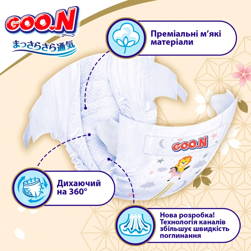 Підгузки GOO.N Premium Soft для дітей 5-9 кг (розмір 3(M), на липучках, унісекс, 64 шт)