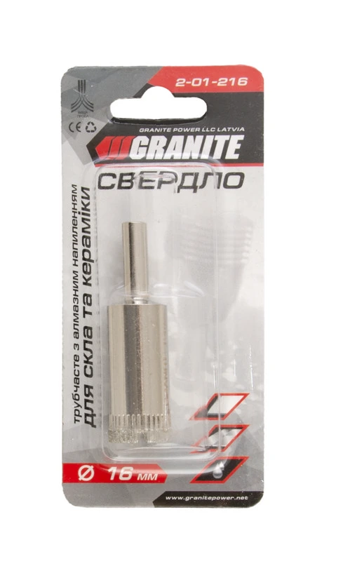 Свердло для скла та кераміки GRANITE трубчасте з алмазним напиленням 16 мм 2-01-216