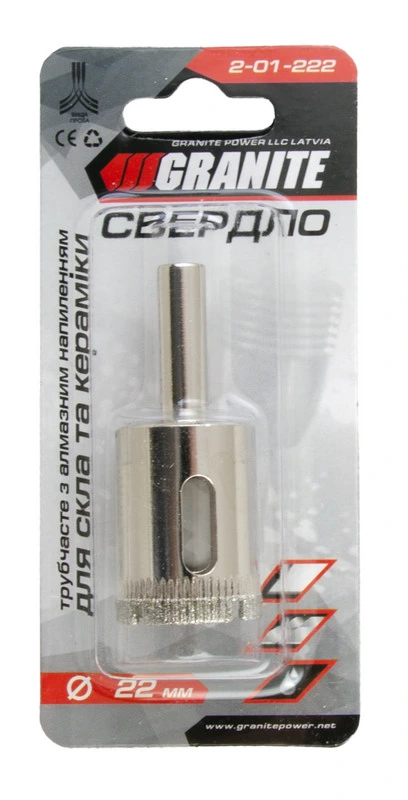 Свердло для скла та кераміки GRANITE трубчасте з алмазним напиленням 22 мм 2-01-222