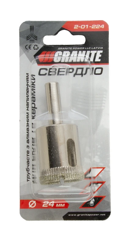 Свердло для скла та кераміки GRANITE трубчасте з алмазним напиленням 24 мм 2-01-224