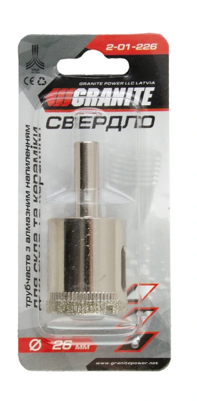 Свердло для скла та кераміки GRANITE трубчасте з алмазним напиленням 26 мм 2-01-226
