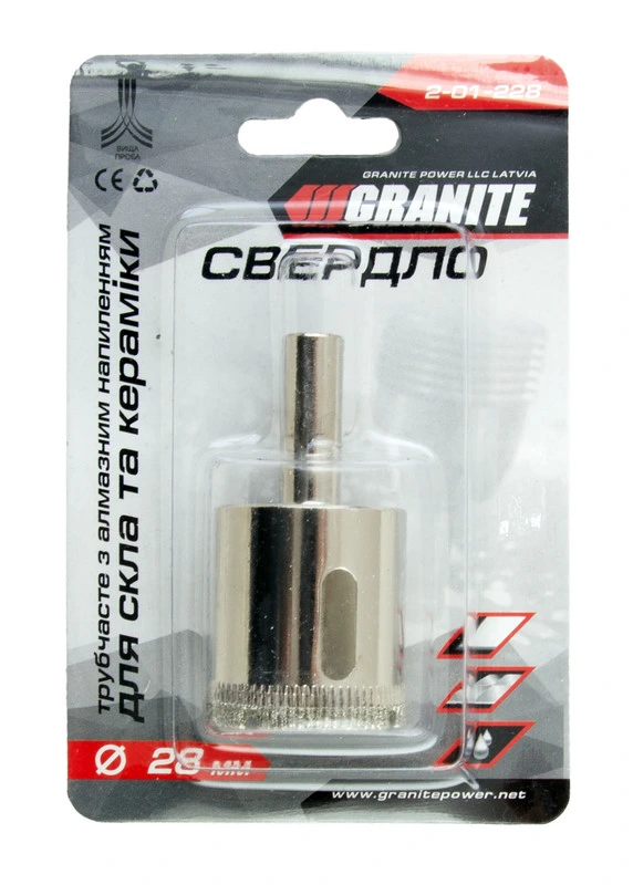 Свердло для скла та кераміки GRANITE трубчасте з алмазним напиленням 28 мм 2-01-228